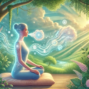 Mujer meditando en la naturaleza, exhalando serenidad y energía