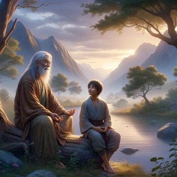 Un sabio y un joven conversan al borde de un tranquilo río en un paisaje montañoso al atardecer