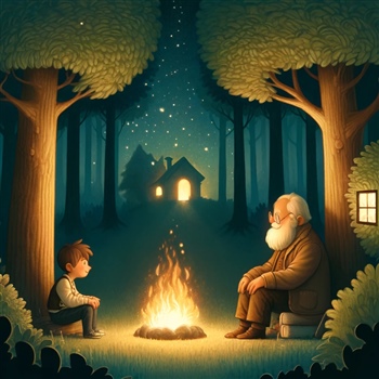 Bosque nocturno con un campfire iluminando a dos figuras