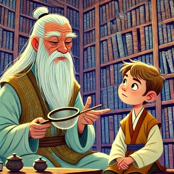 Un sabio enseña a un niño en una biblioteca con muchas estanterías llenas de libros
     