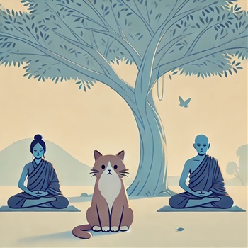 Gato y monjes meditando