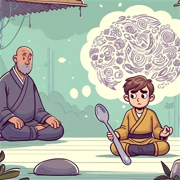 Joven meditando con una cuchara, maestro observa, ilustración de El poder de la mente     