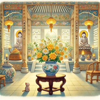 Jarrón con flores amarillas en un templo budista