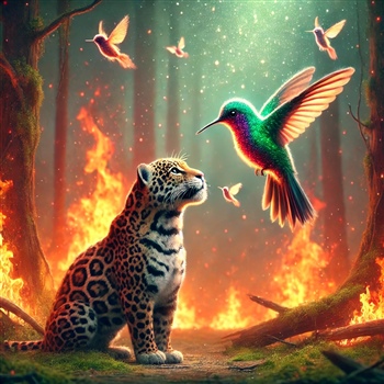 Colibrí y jaguar en el bosque con fuego, inspirado en La fábula del colibrí