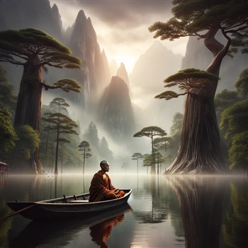 Monje meditativo en bote en un sereno lago rodeado de árboles y montañas     