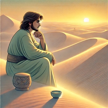 Hombre meditando al atardecer en el desierto, símbolo de reflexión vital