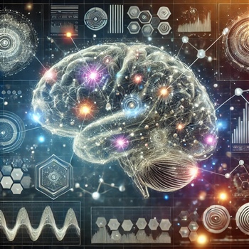 Ilustración de un cerebro humano con luces y gráficos científicos