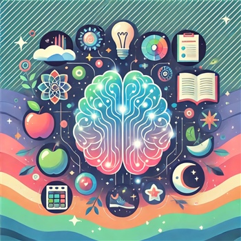 Ilustración de cerebro con íconos de libros, alimentos y actividad física
