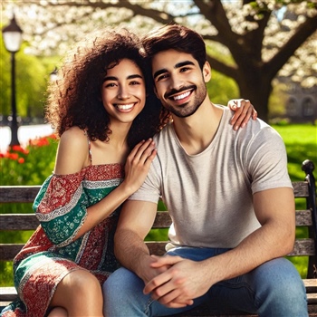 Pareja sonriente sentada en un banco en un parque, disfrutando de un día soleado