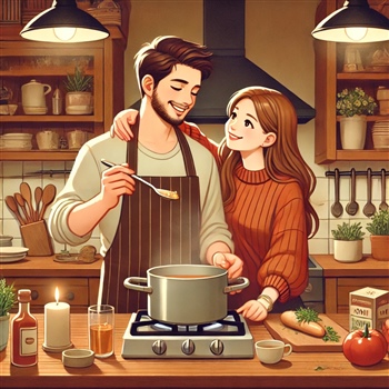 Pareja cocinando con amor en la cocina