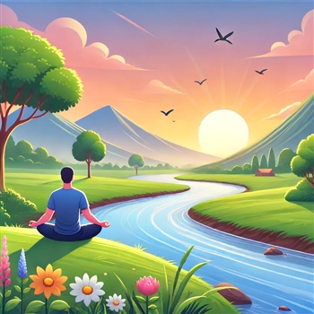 Paisaje sereno con una persona meditando, simbolizando paz y felicidad